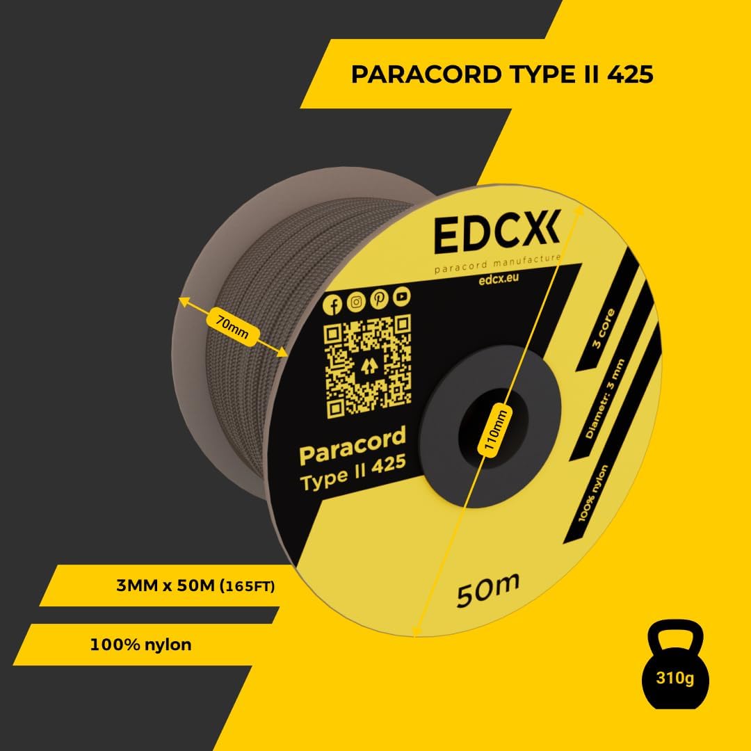 3mm Nylon Paracord 425 (15, 30, 50 und 100m) - Typ II, 100% Nylonseil, 3 Litzen Seil, 3mm Nylonseil