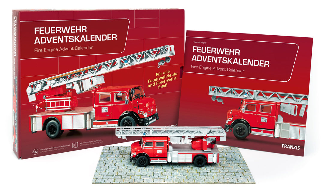 FRANZIS 67206 - Feuerwehr Adventskalender, Metall Modellbausatz des Mercedes-Benz L1519 im Massstab