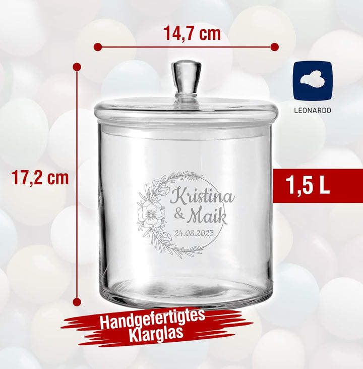 LALALO Leonardo Keksdose mit Gravur als Hochzeit Geschenk, Keksglas/Bonbonglas personalisiert als Ho