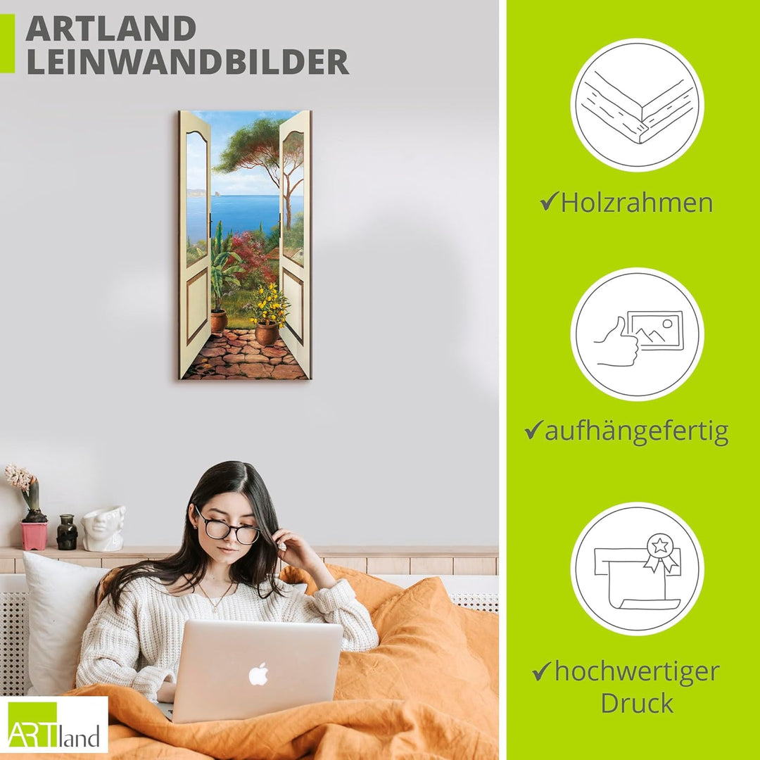 ARTLAND Wanddeko Leinwand Bilder Wandbild Fensterblick Garten Meer Landschaft Küste Natur Meerblick