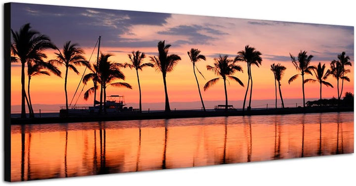Panoramabild auf Leinwand und Keilrahmen 120x40cm Hawaii Strand Meer Palmen Sonnenuntergang