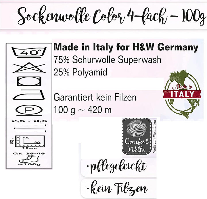 Comfort Wolle Sockenwolle Strumpfwolle Comfort Color 4-lagig - Farbset 6 x 100 g - 420 m Länge - Bun