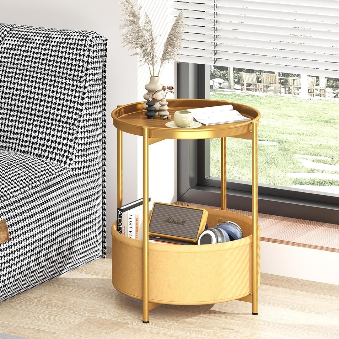 Beistelltisch Rund, Kleiner Tisch, Metall Balkontisch, Sofatisch 2 Ebenen, Couchtisch mit Korb aus S