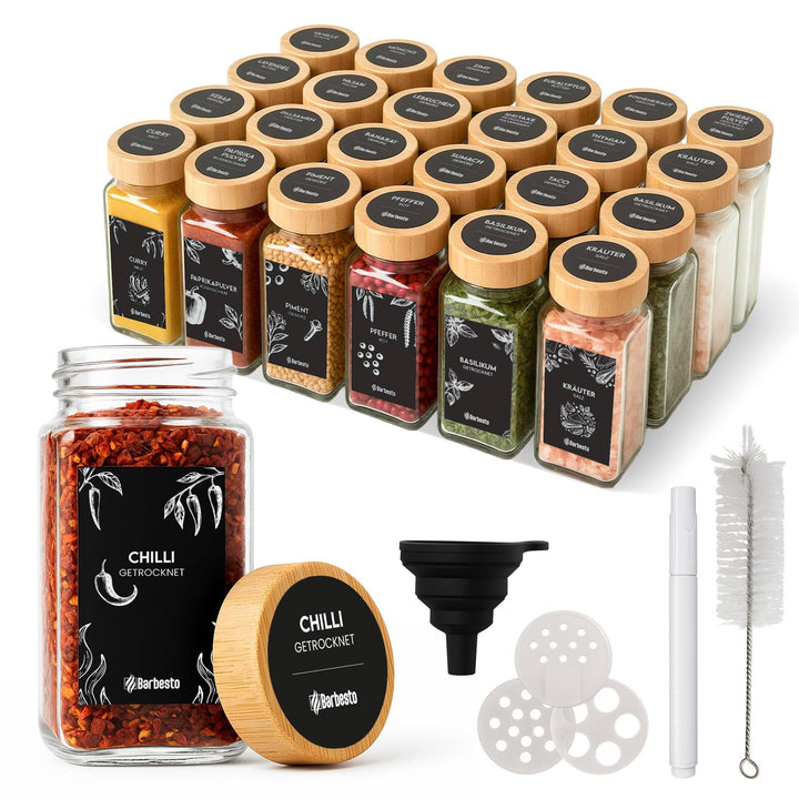 CLP Gewürzgläser eckig 24er Set (120ml), Gewürzstreuer klein mit Streueinsätzen und Etiketten, inkl.