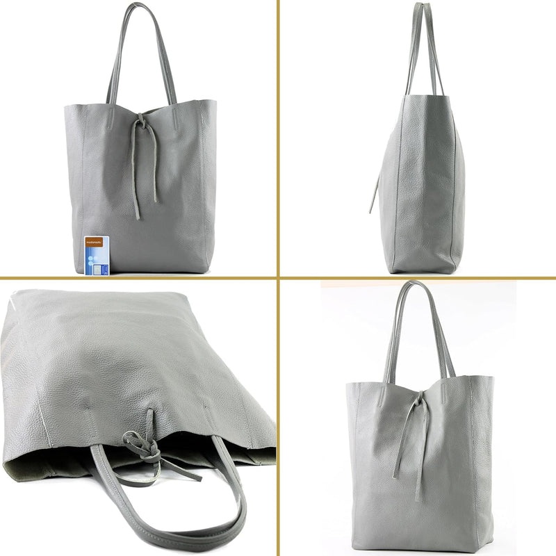 modamoda de - T163 - Ital. Shopper Large mit Innentasche aus Leder, Silber-metallic