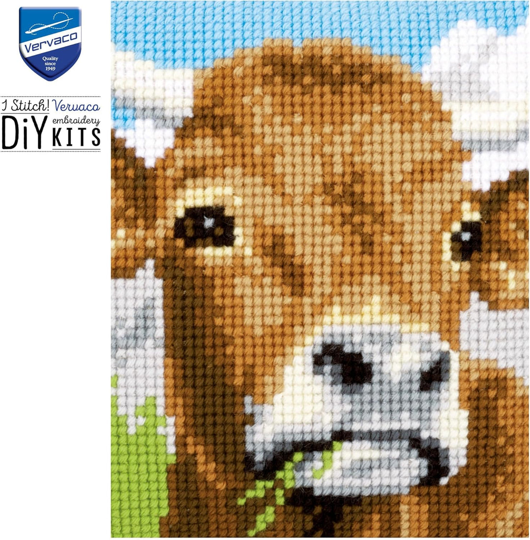 Vervaco Kuh braun Kreuzstichkissen/Stickkissen vorgedruckt, Baumwolle, Mehrfarbig, 40 x 40 x 0.3 cm