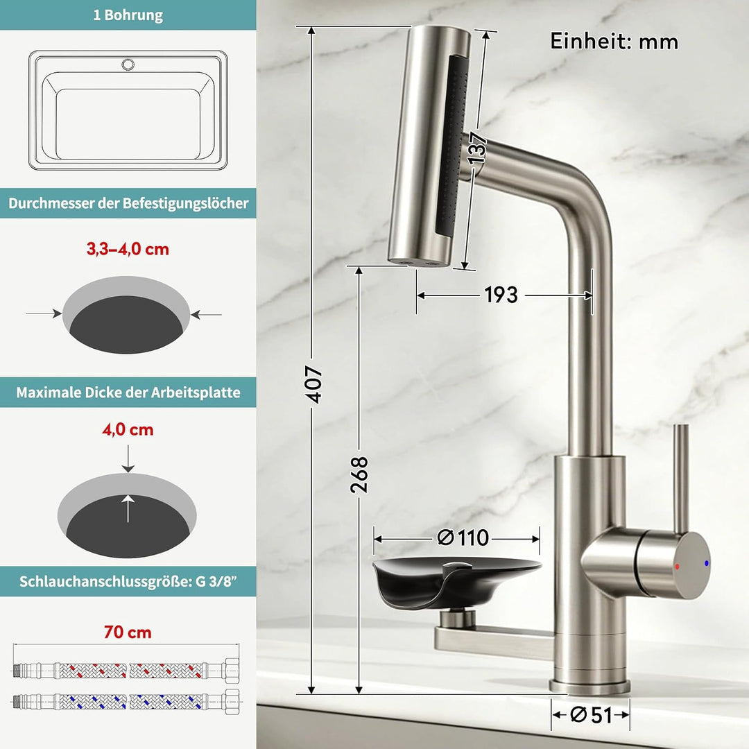 360° drehbarer Wasserhahn Küche ausziehbar mit Brause, wasserfall Mischbatterie Küche mit Gläserspül