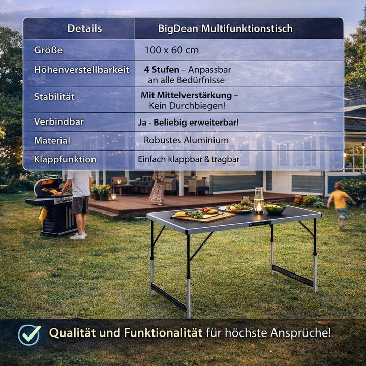 Stabiler Multifunktionstisch 100x60 cm höhenverstellbar klappbar – Campingtisch, Tapeziertisch, Klap