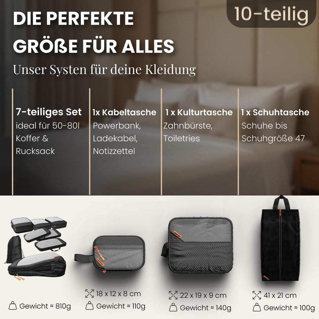 Packing Cubes Compression für Koffer und Rucksack inkl. Packbeutel - extra rissfest dank 420D Polyes