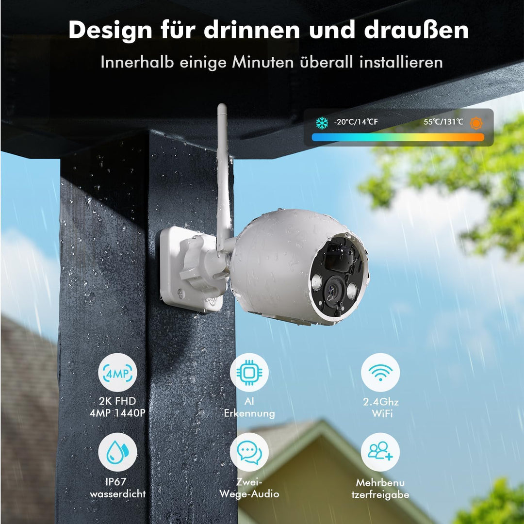 4MP Überwachungskamera aussen akku WLAN Kamera Outdoor mit PIR Bewegungsmelder, Nachtsicht, IP66 Sch