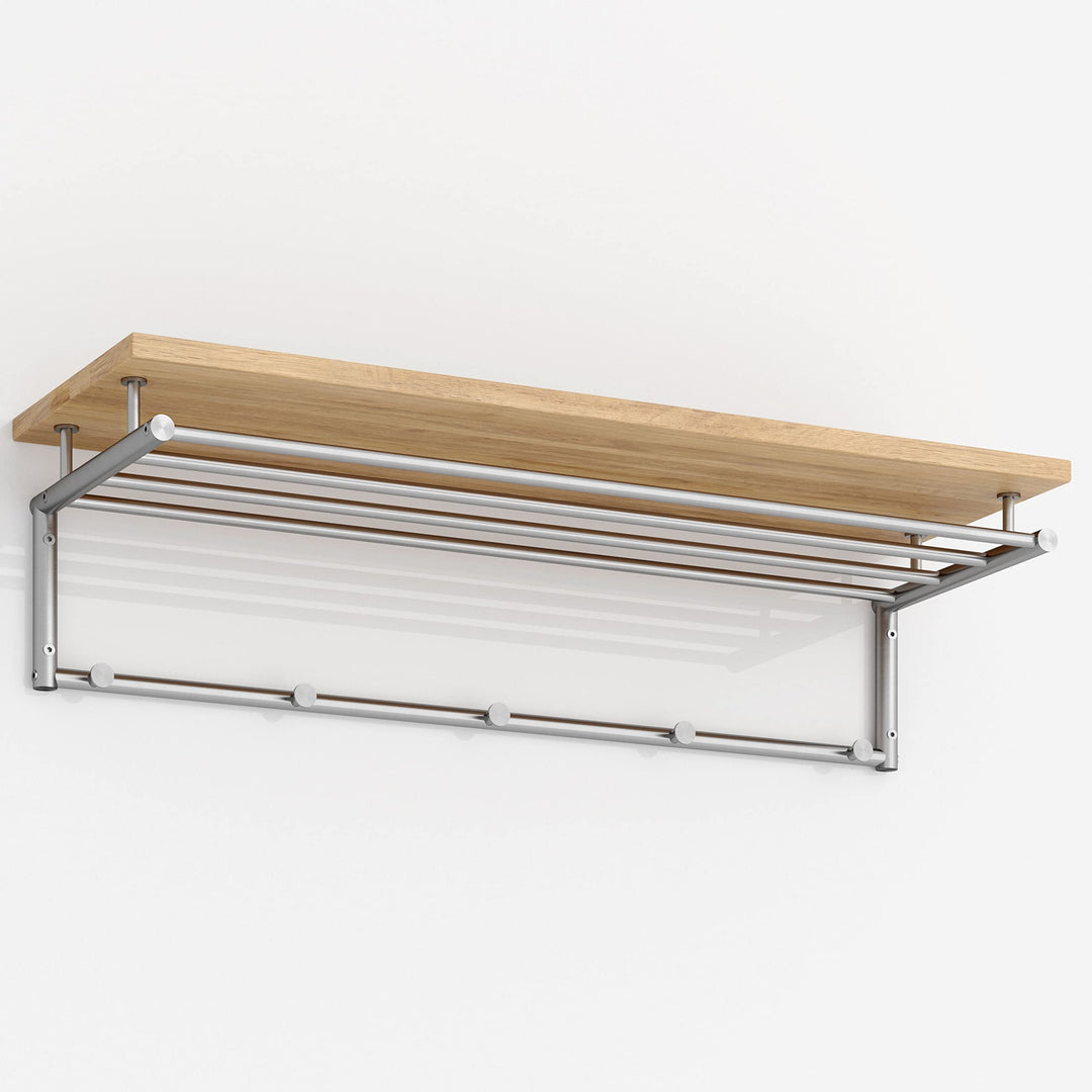 PHOS Design, G17-800-Eiche, 80 cm breite Edelstahl Wandgarderobe mit 4 Kleiderstangen, 5 Kleiderhake