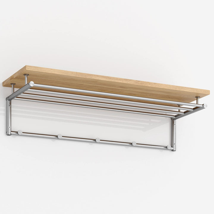PHOS Design, G17-800-Eiche, 80 cm breite Edelstahl Wandgarderobe mit 4 Kleiderstangen, 5 Kleiderhake