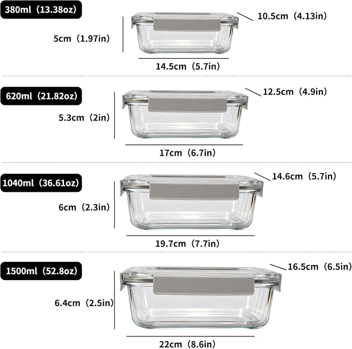Meal Prep Gläser 16 Teilig (8 Deckel &amp; 8 Behälter)- Glasbehälter mit Deckel - Frischhaltedosen Glas