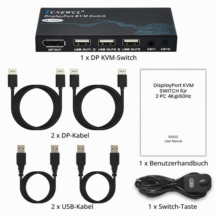 DP KVM Switch 2 Port, 4K @ 60Hz DisplayPort KVM Umschalter für 2 PCs 1 Monitor + 3 USB2.0-Geräte, DP