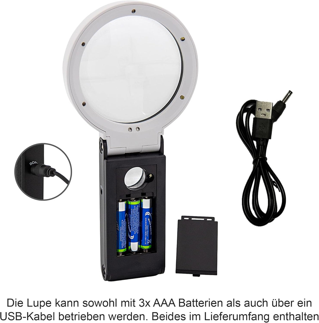 WEDO LED-UV-Handlupe mit ausklappbarem Standfuss inkl. Batterien & USB-Kabel, grosses 9 cm Sichtfeld