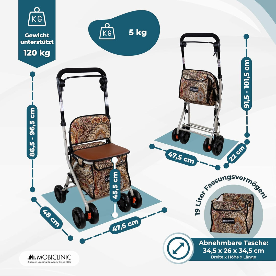 Mobiclinic®, Einkaufswagen mit Sitz, Faltbarer Rollator für Erwachsene, 21 L, Rückenlehne, 4 Räder,