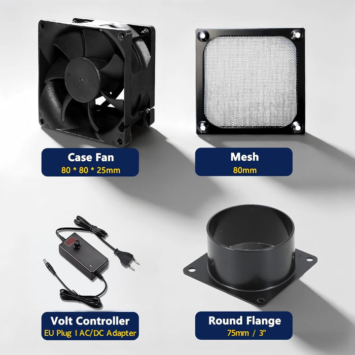 DC12V Axiallüfter Rohrventilator, 80 * 25mm, Schwarz | Dual Kugellager, LED Display Controller, 75mm