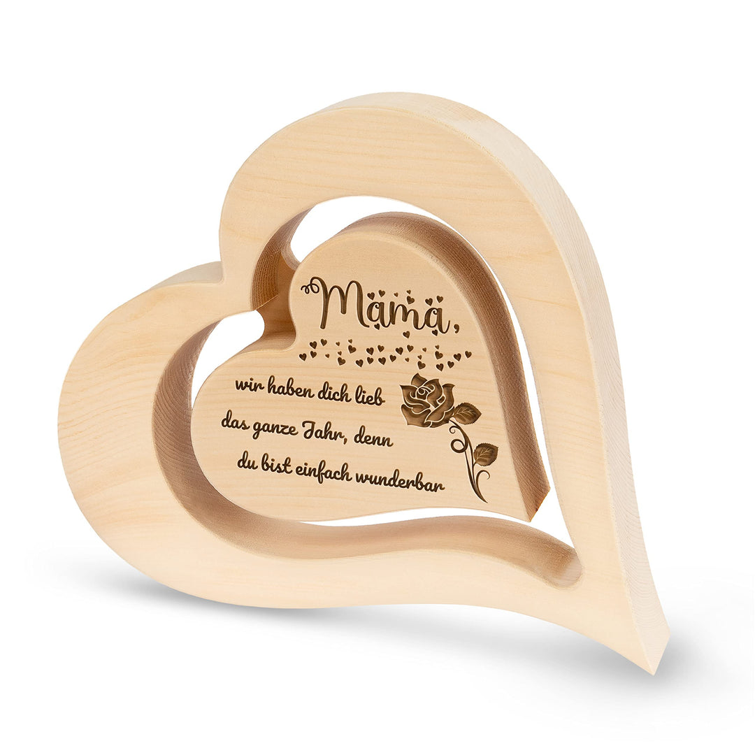 sagl.tirol Herz aus Zirbenholz mit schwebendem innen Herz und Rosen Gravur[100% Naturprodukt] Mutter