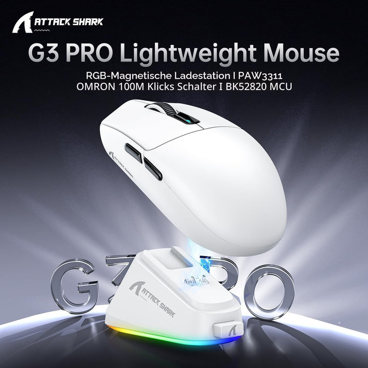 ATTACK SHARK G3PRO Gaming-Maus mit magnetischer Ladestation, PixArt PAW3311 Gaming-Sensor, Bluetooth