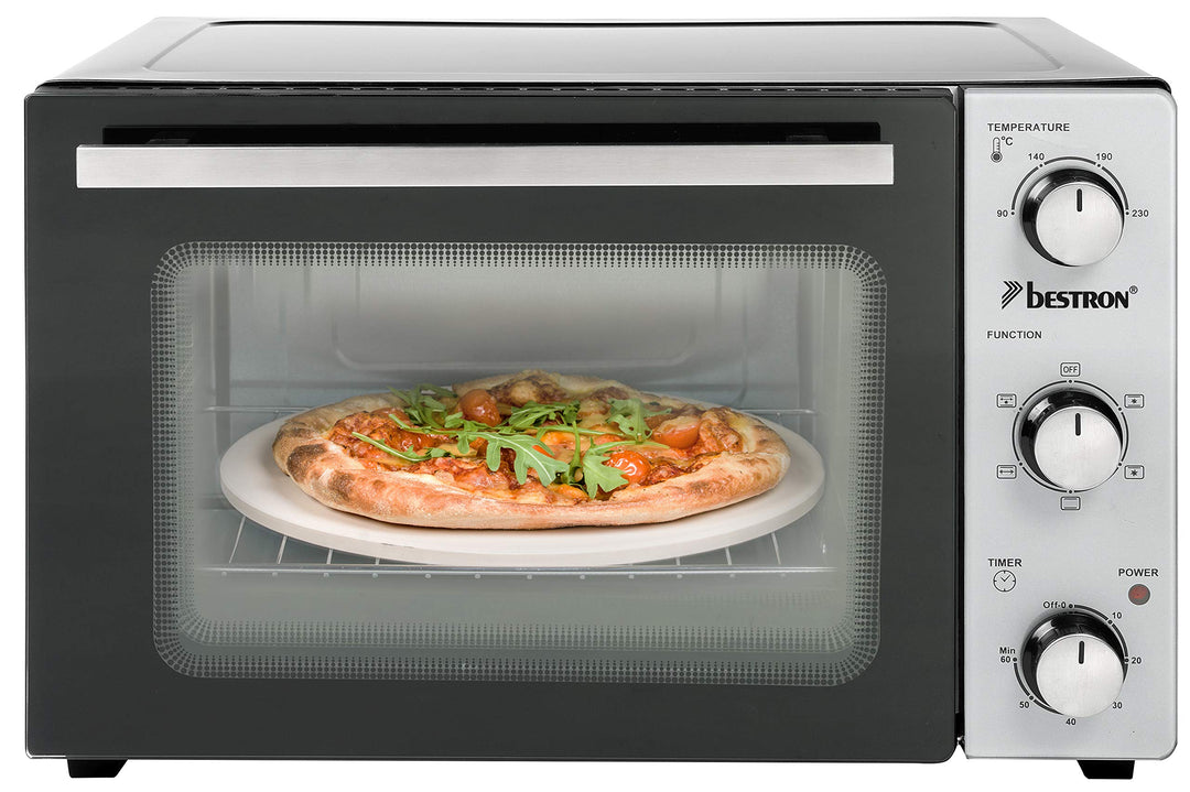 Bestron AOV31PS Kompakter Mini-Backofen mit Drehspiess und Pizzastein, 31 Liter, 1500 Watt, Edelstah