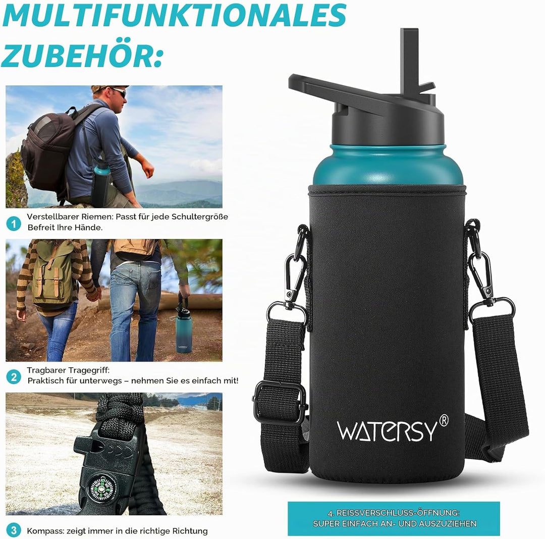 WATERSY Isolierte Edelstahl Trinkflasche 32oz Vakuumisolierte Thermosflasche mit 2 Deckel Auslaufsic