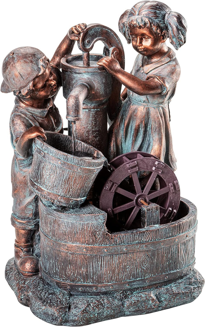 Dehner Gartenbrunnen Lea und Leon mit LED Beleuchtung, ca. 68.5 x 45 x 35 cm, Polyresin, grün/blau/b