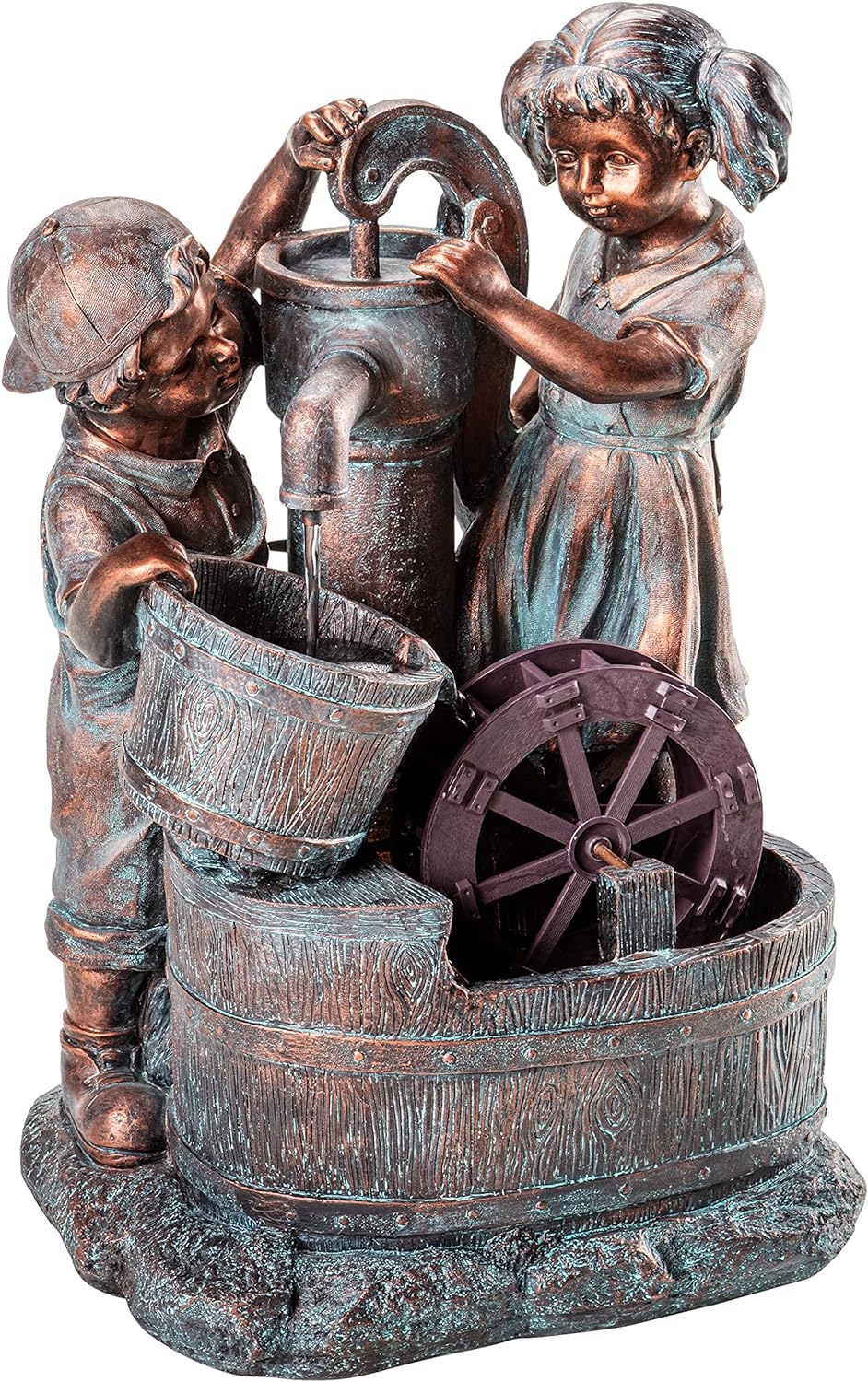 Dehner Gartenbrunnen Lea und Leon mit LED Beleuchtung, ca. 68.5 x 45 x 35 cm, Polyresin, grün/blau/b