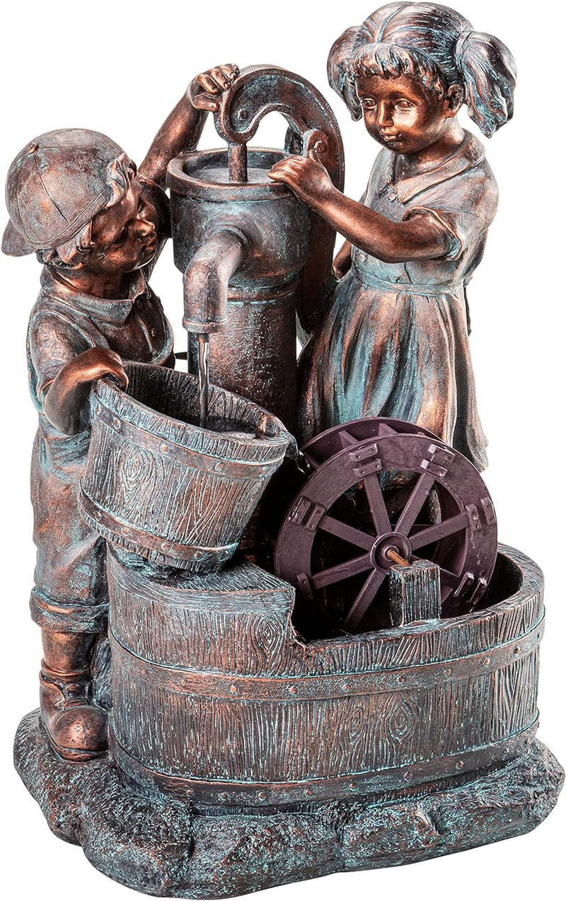 Dehner Gartenbrunnen Lea und Leon mit LED Beleuchtung, ca. 68.5 x 45 x 35 cm, Polyresin, grün/blau/b