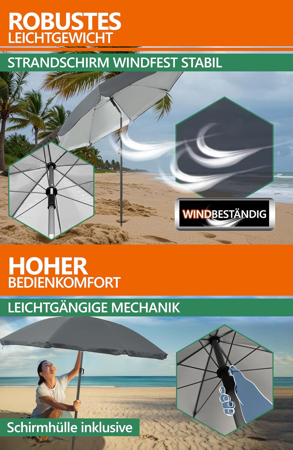 4smile Sonnenschirm Strand SunnyJoy 3-IN-1-SET, Fb. Anthrazit - Strandschirm Ø 180 cm + Bodenhülse +