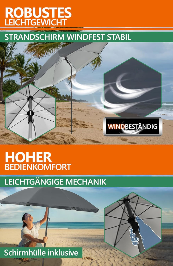 4smile Sonnenschirm Strand SunnyJoy 3-IN-1-SET, Fb. Anthrazit - Strandschirm Ø 180 cm + Bodenhülse +