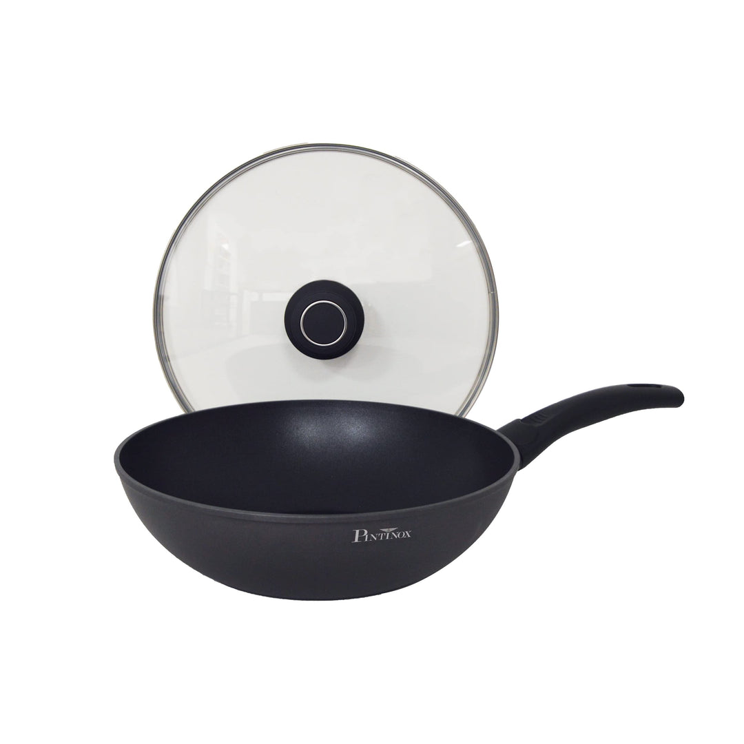 Pintinox Aluminium Wok mit Deckel 28 cm Ø Serie Power Xylan Antihaftbeschichtung Induktion