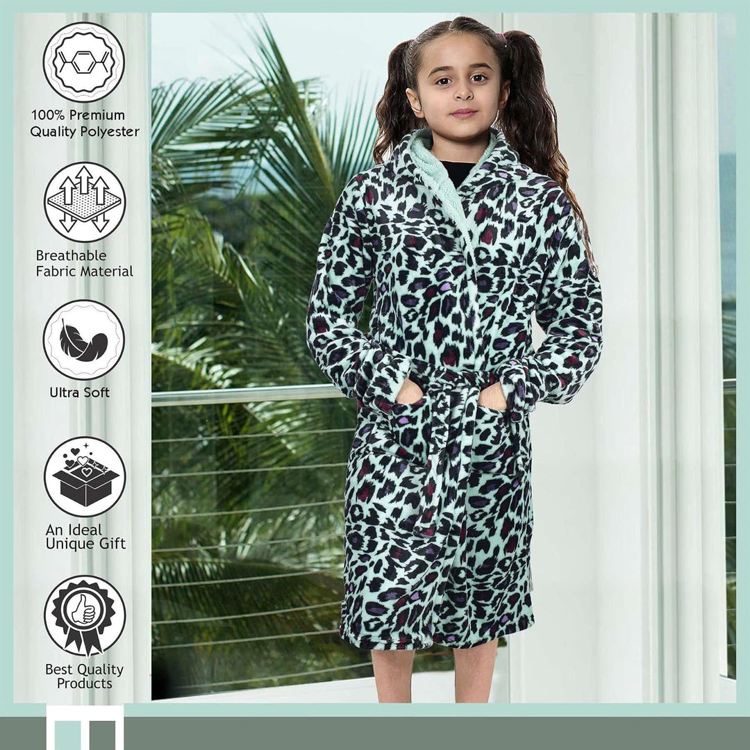 A2Z 4 Kids Sanft Leopard Druck Bademantel Dressing Kleid Nachtwäsche Vlies Vermummt Strand, Baden, S