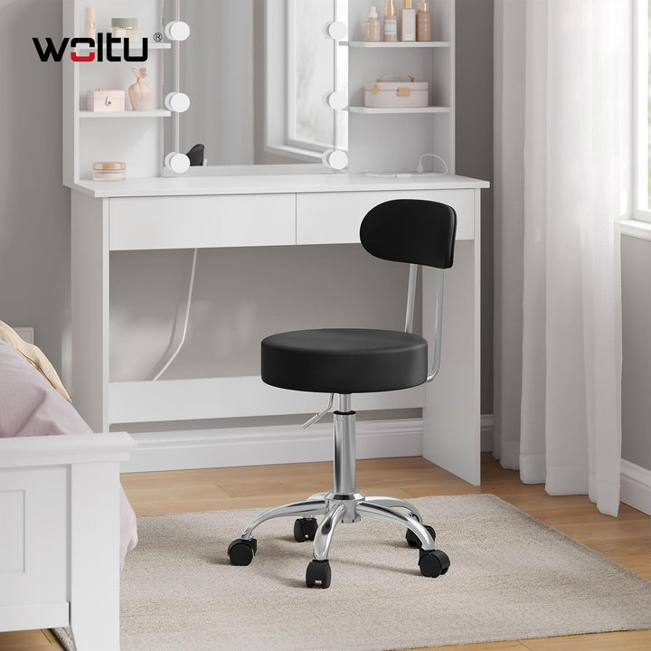 WOLTU Rollhocker Schminkhocker Hocker höhenverstellbar mit Rollen & Lehne Schwarz Arbeitshocker 360°