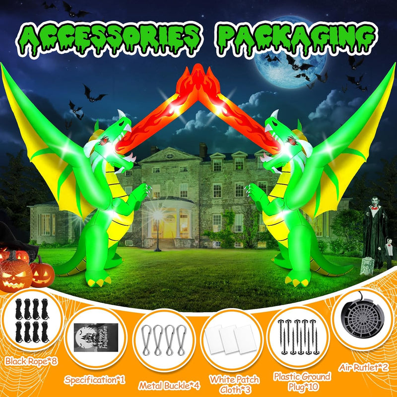 Kalolary 14 FT Halloween Aufblasbare Torbogen Aussendekorationen Blow Up Hof Feuerspeiender Drachenb