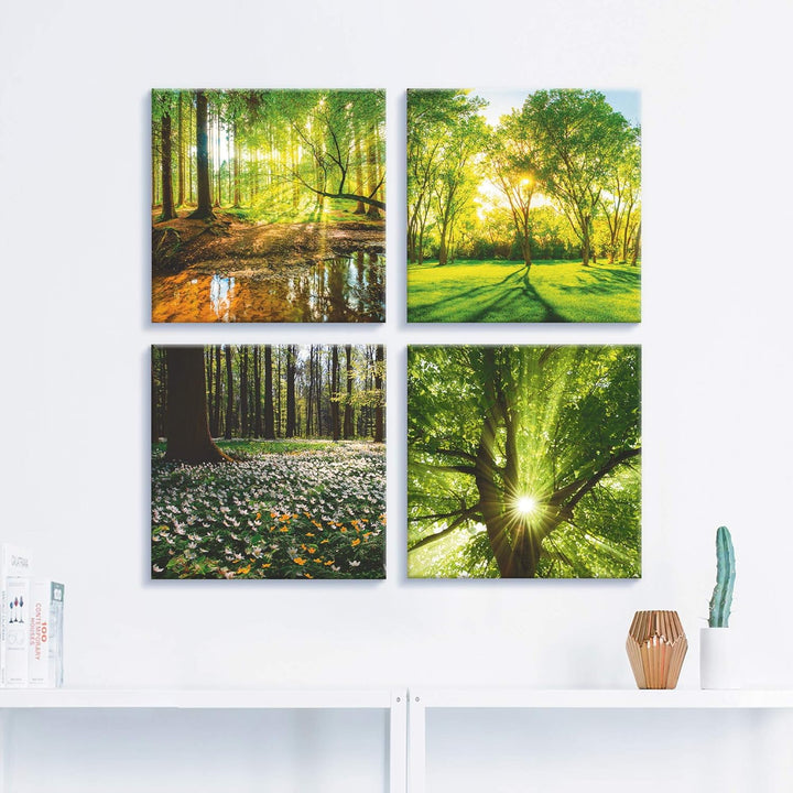 ARTLAND Leinwandbilder auf Holz Wandbild Bild Set 4 teilig je 30x30 cm Quadratisch Landschaft Wald G