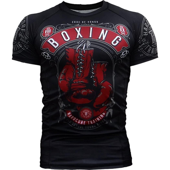 Hardcore Training Rash Guard Men's Round Kurze Ärmel Base Layer Kompressionsshirt Herren MMA Crossfi