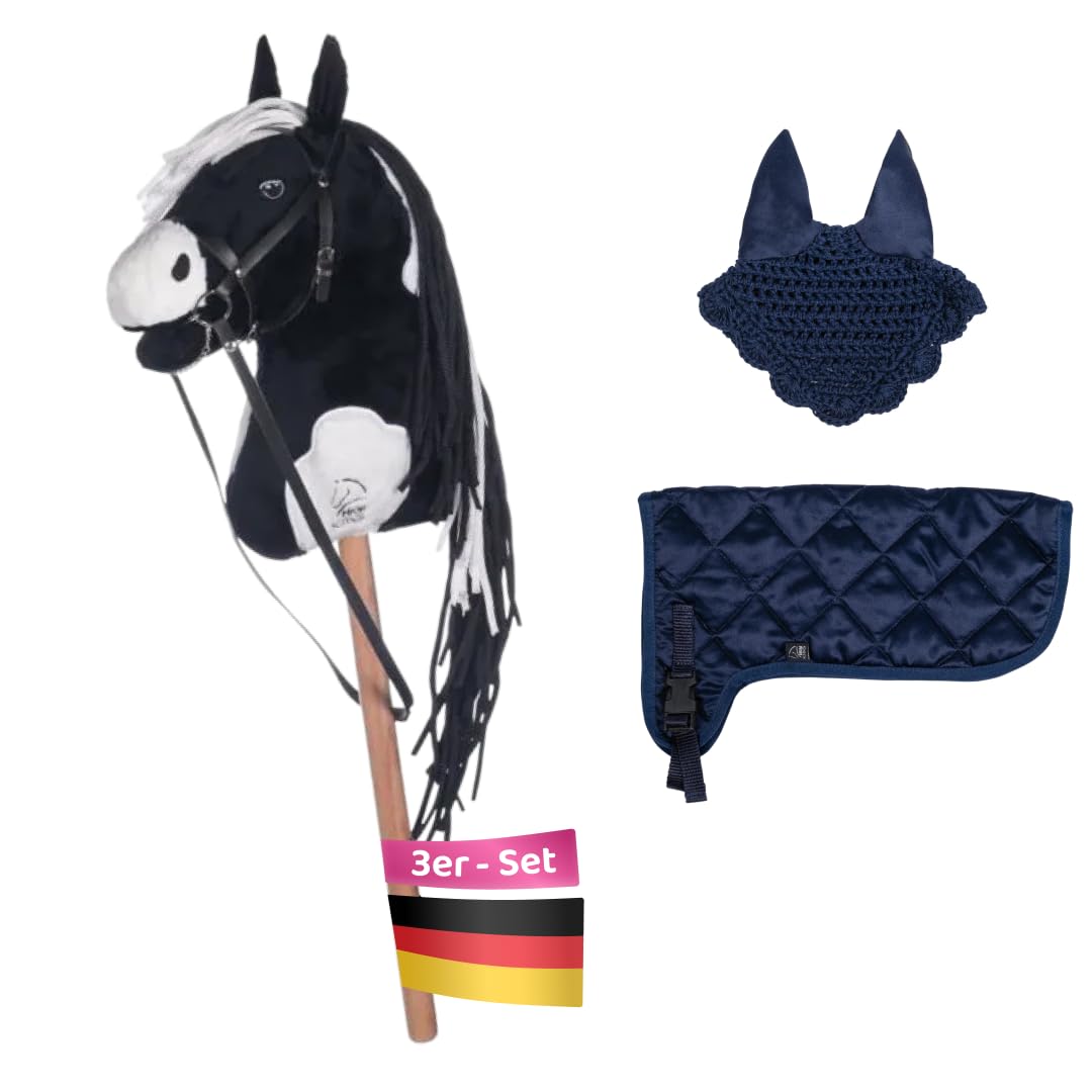 Hobby Horse Set Schwarz Weiss mit Blauer Decke und Blauer Fliegenhaube, Steckenpferd für Kinder, Sto