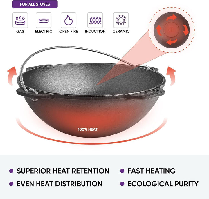 Gusseisen Usbekischer Kasan Dutch Oven Topf mit Deckel 6.3qt. (6L) Asiatischer Kessel Camping Wok Ko