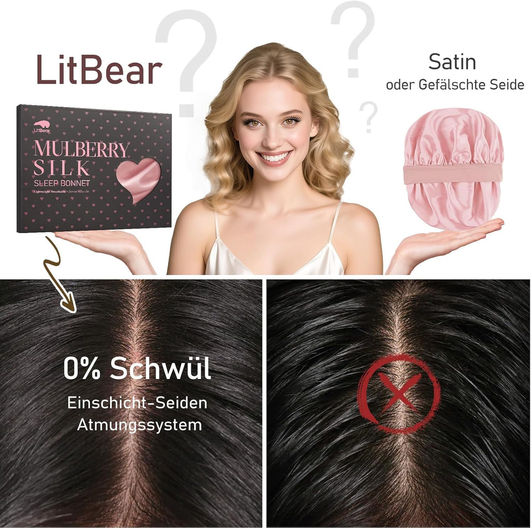 LitBear 22 Momme Seidenhaube zum Schlafen - Schlafmütze aus 100% Maulbeerseide, 100% Silk Bonnet mit