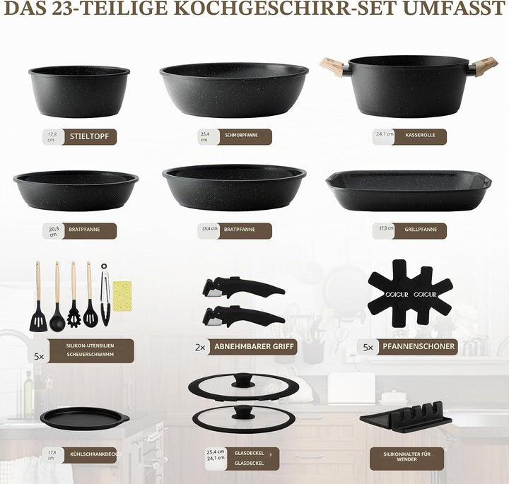 Keramik Topfsets Pfannenset 23 Teilig Antihaft Kochgeschirr mit Abnehmbarem Griff Stapelbar Topfset