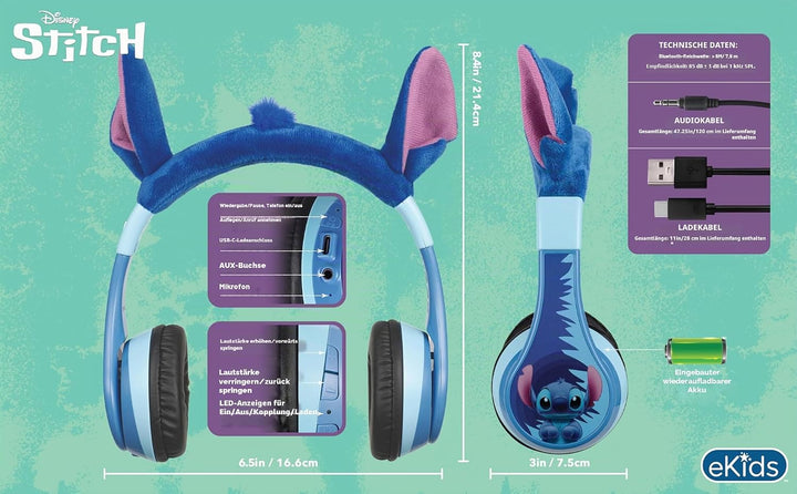 ekids Disney Stitch Bluetooth-Kopfhörer, kabellose Kopfhörer mit Mikrofon, inklusive AUX-Kabel, Laut