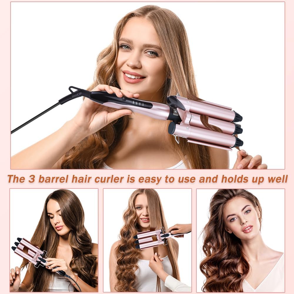 Aischens 3 Fässer Welleneisen 25mm, Lockenstab mit 3 Stangen mit 4 Einstellbaren Temperaturen, Welle