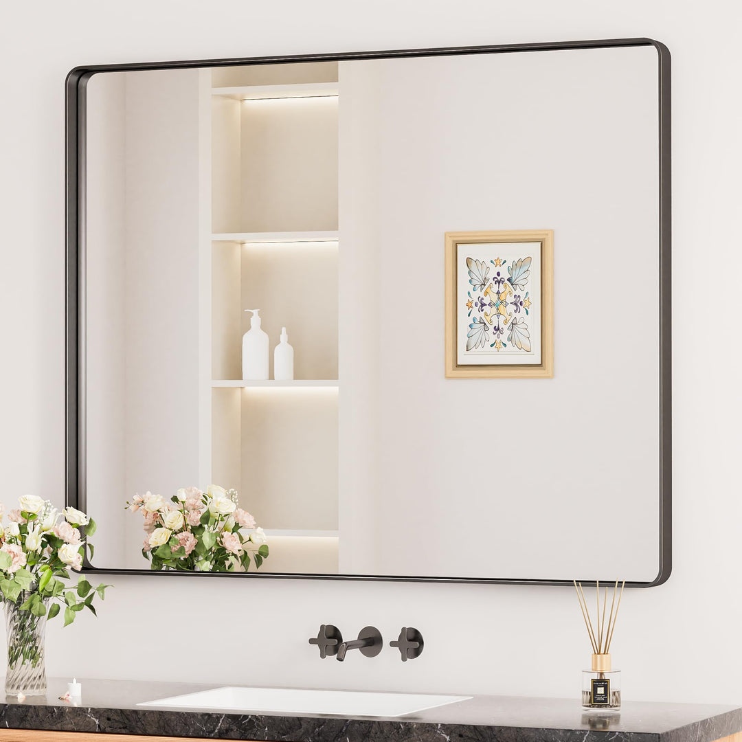 Keonjinn Wand Spiegel Schwarz 106x90cm, Badezimmerspiegel Badspiegel mit Metallrahmen, Gehärtetes Gl
