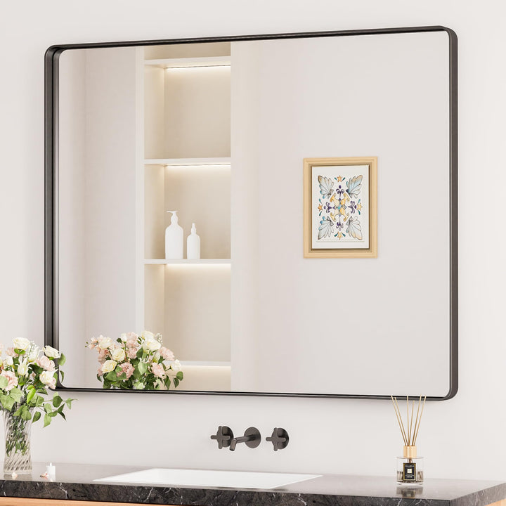 Keonjinn Wand Spiegel Schwarz 106x90cm, Badezimmerspiegel Badspiegel mit Metallrahmen, Gehärtetes Gl