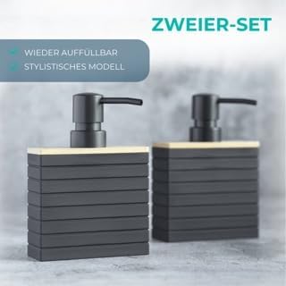 BUDDLEY Seifenspender Bamboo Schwarz, 2er Set Spülmittelspender für Küche & Bad, Freistehend Schwarz