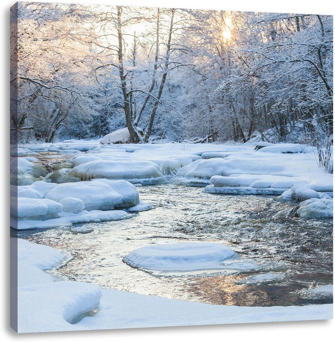 Bach in Winterlandschaft, Format: 70x70 auf Leinwand, XXL riesige Bilder fertig gerahmt mit Keilrahm