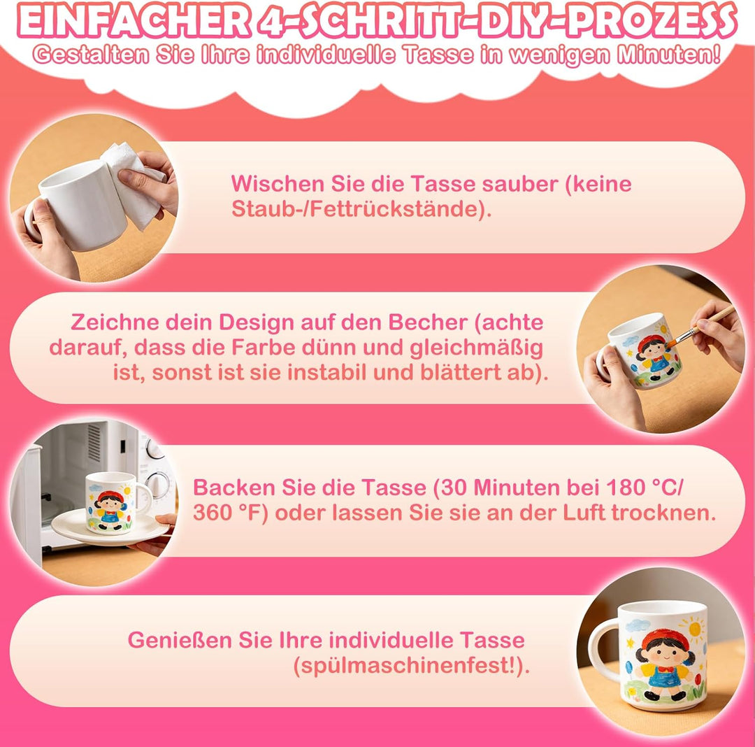 Keramik Bemalen Set für Erwachsene, Tassenmalset zum Selbermachen für Anfänger mit 2 Tassen, Pinsel,