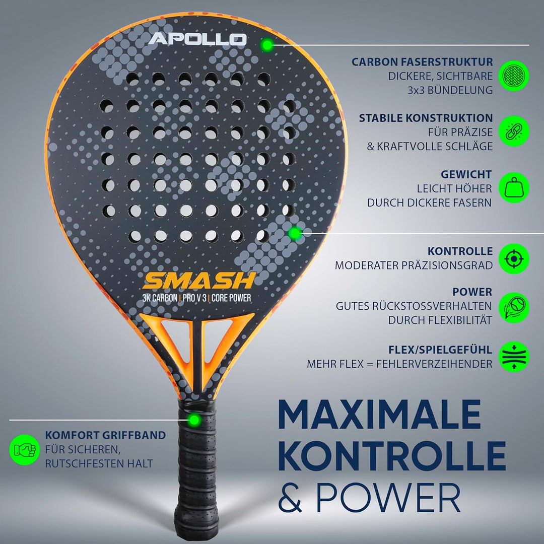 Apollo Padelschläger - Kohlefaser Schläger für Damen und Herren, Anfänger & Fortgeschrittene, leicht