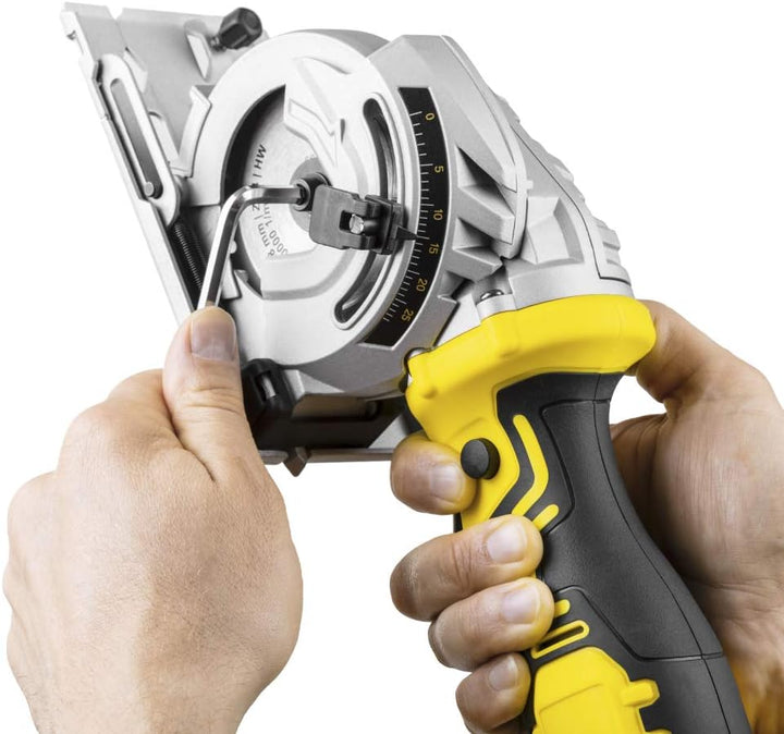 TROTEC Akku-Mini-Handkreissäge PCSS 05‑20V mit einer Schnitttiefe zwischen 0 und 28,5 mm, Leerlaufdr