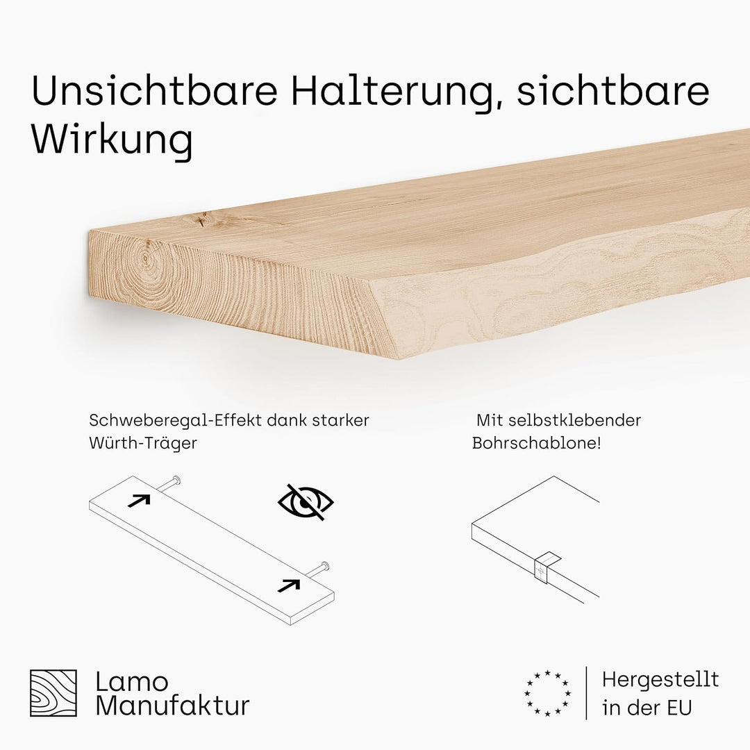 LAMO Manufaktur Wandregal Holz Gerade | Regal Farbe: Roh | Invisible: Schweberegal | 90 cm Invisible